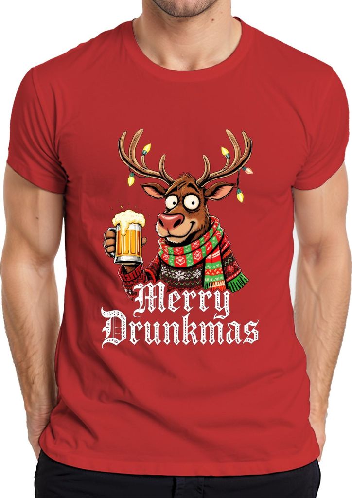 Merry Drunkmas Rentier mit Bier Weihnachten lustig Geschenk Party Herren T-Shirt, Rot, XXL