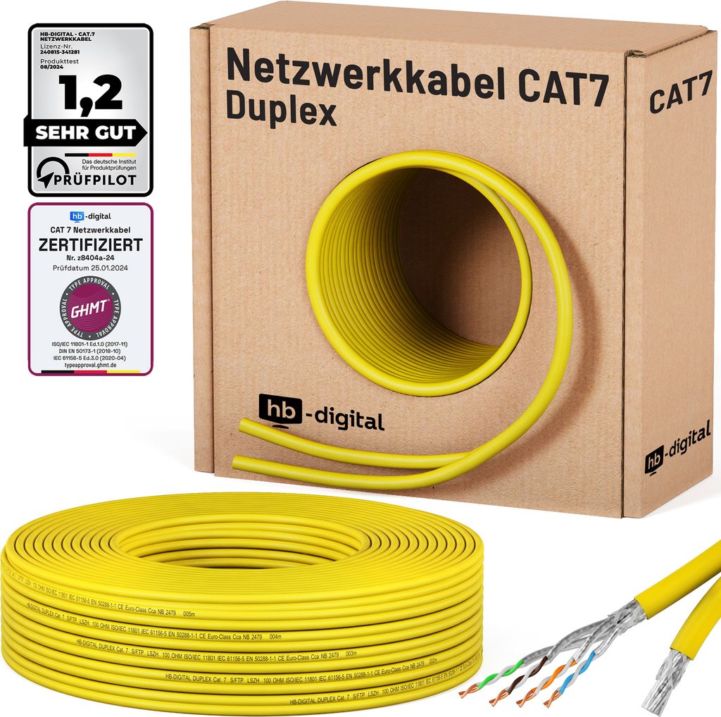 hb-digital CAT 7 Verlegekabel 25m Ethernetkabel Duplex Installationskabel S/FTP AWG23 LSZH gelb