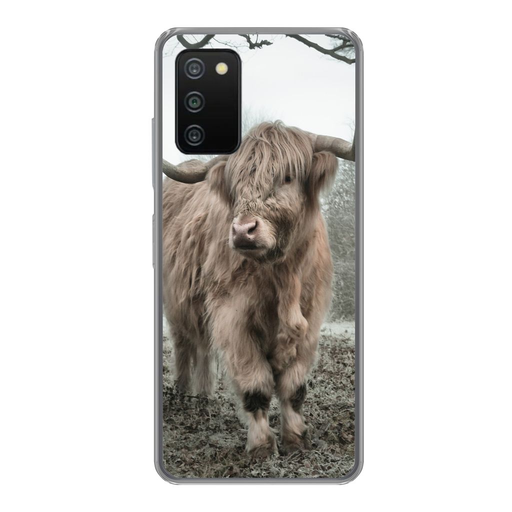 MuchoWow Handyhülle Schutzhülle Hülle für Samsung Galaxy A03s Schottische Highlander - Natur - Herbst - Tiere - Wildtiere - Wald Silikon Soft...