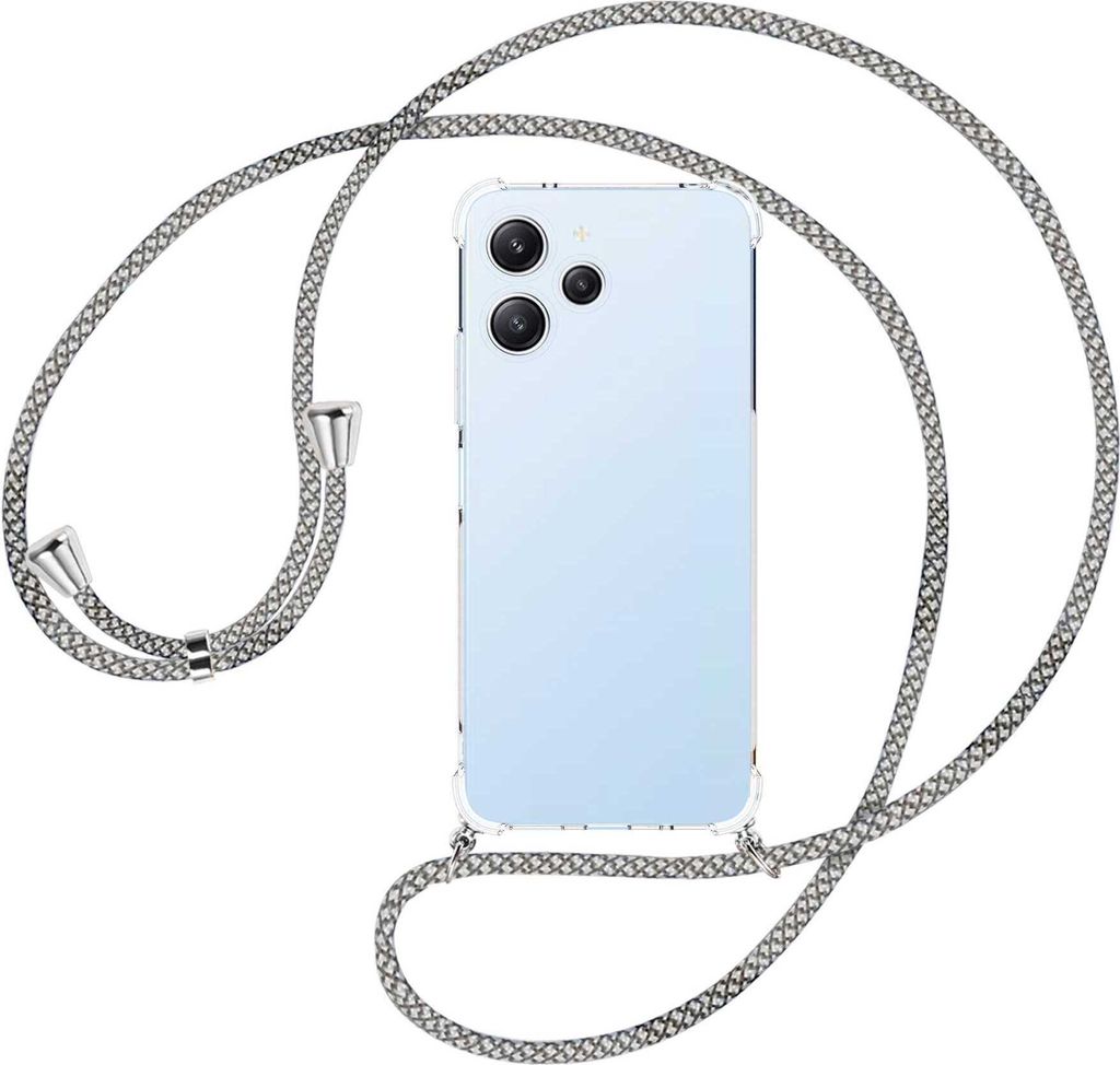 Handykette Backcover-Schutzhülle mit Band (Metall silberfarben) für Xiaomi Redmi 12 (6.79'') - weiß/grau kariert