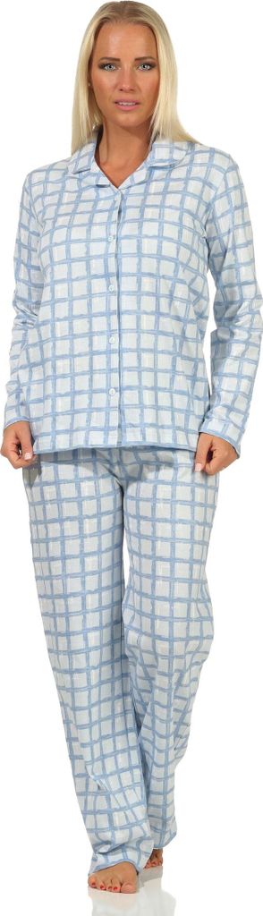 Damen Pyjama aus Jersey zum durchknöpfen in Karo Optik – auch in Übergrössen erhältlich ; hellblau , 56