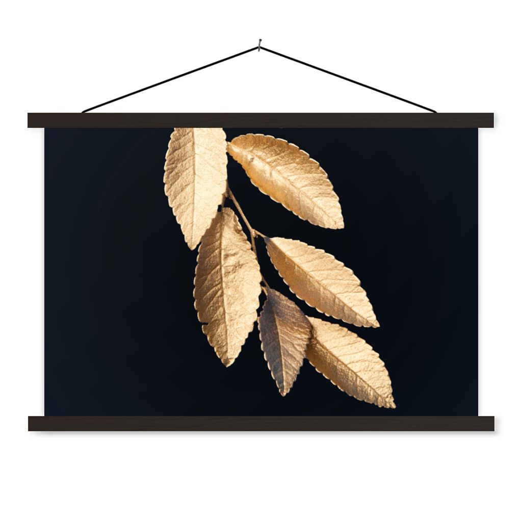 MuchoWow Textilposter Blätter - Schwarz - Gold - Luxus - Pflanzen 90x60 cm mit schwarzem Rahmen - Aufhängungssatz