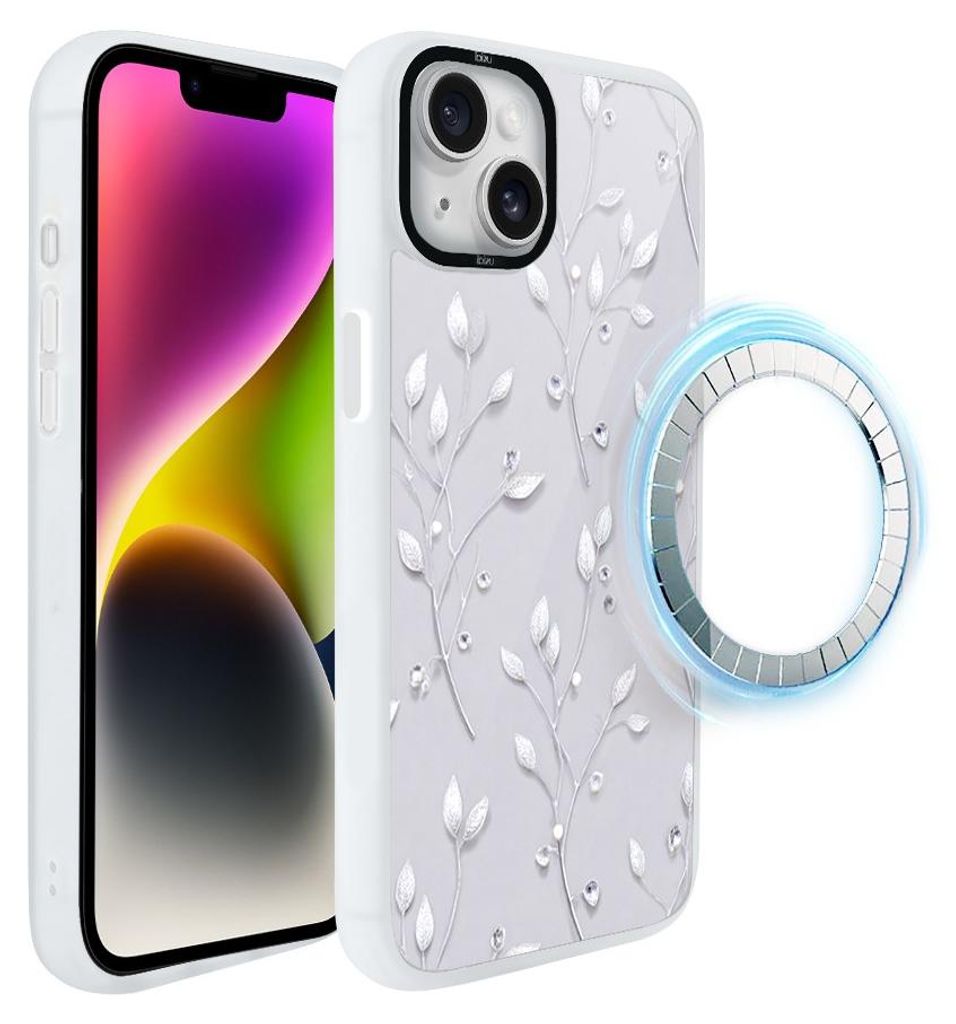 Schutzhülle für das iPhone 14 Plus, MagSafe-kompatibel, mattweiße Seiten, Gefrorene Blumen