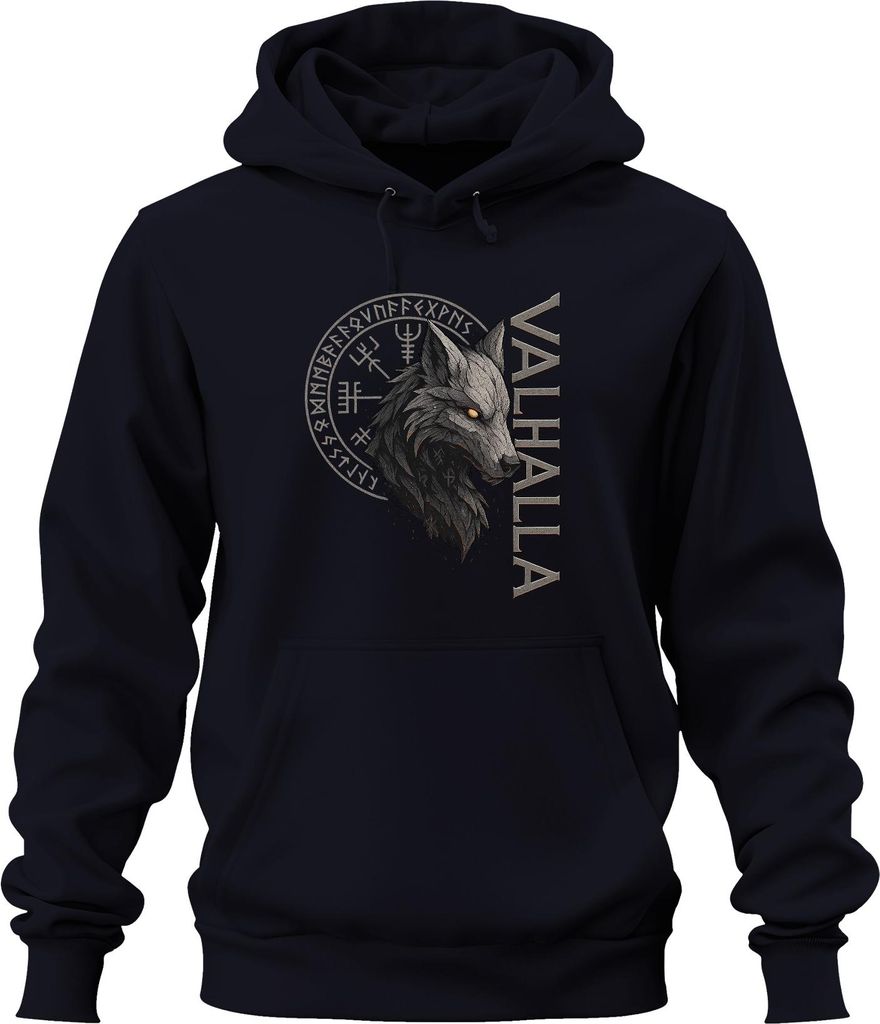 Valhalla Wikinger Wolfskopf Runen Nordische Mythologie Fenrir Uni Hoodie Kapuzenpullover, Navy, S