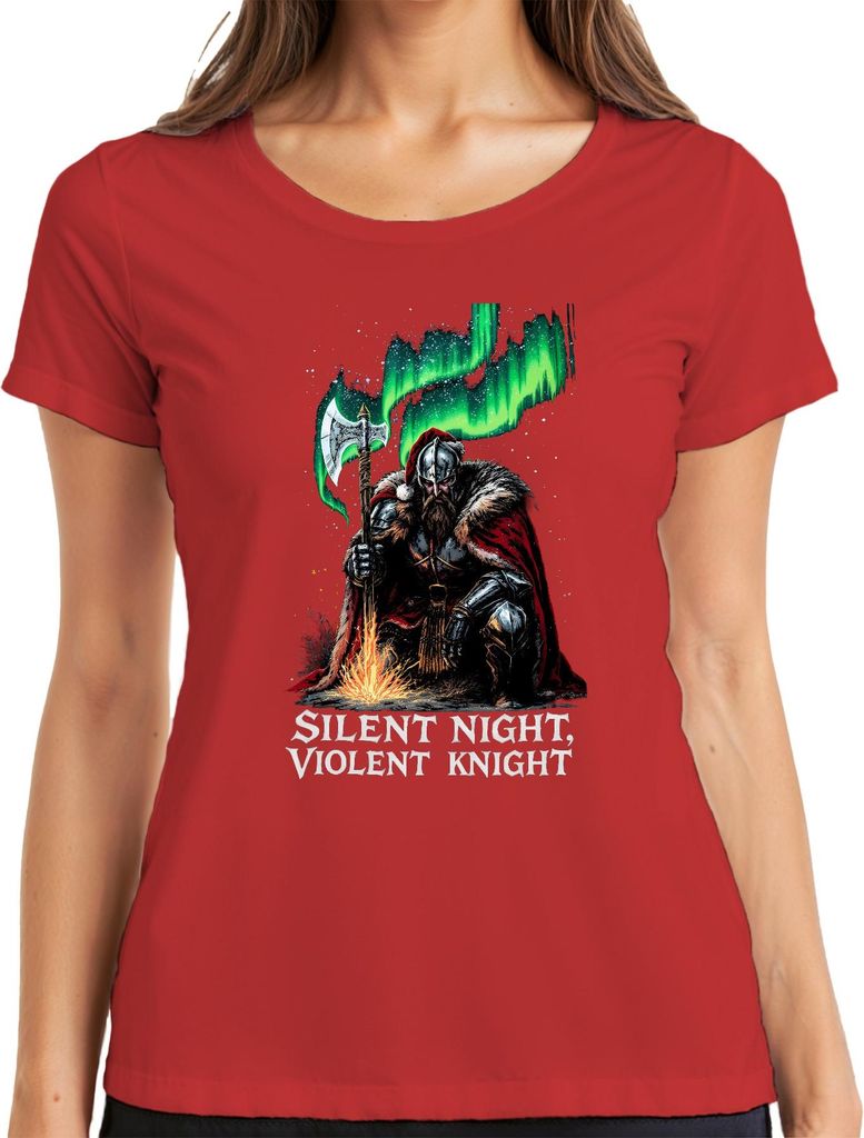 Silent Night Violent Knight Wikinger Axt Nordlicht Weihnachten Damen T-Shirt, Rot, S