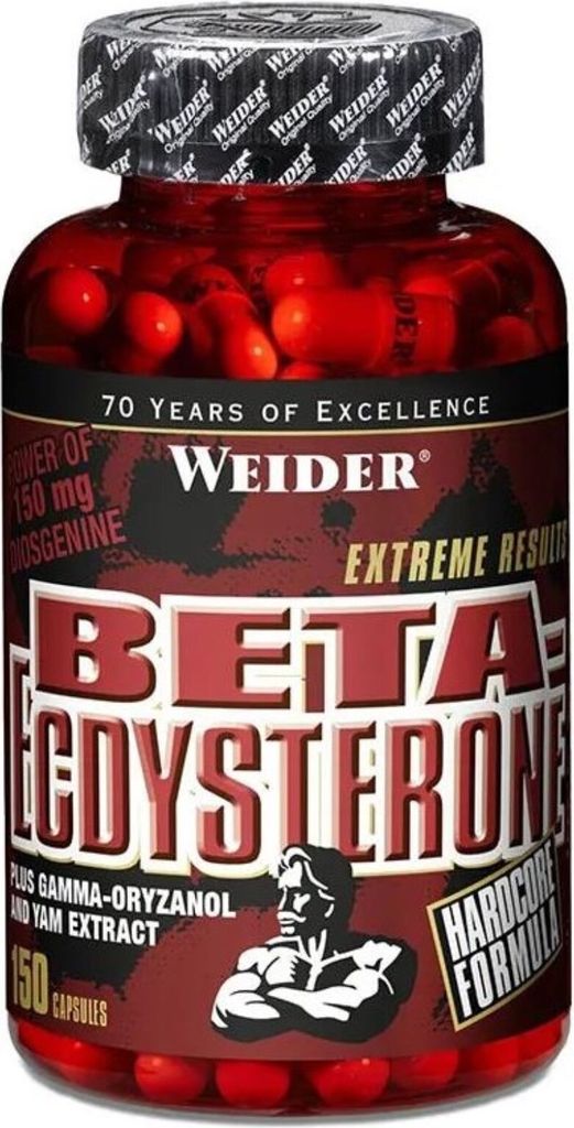 A bottle of Weider Beta-Ecdysterone capsules against a white background.