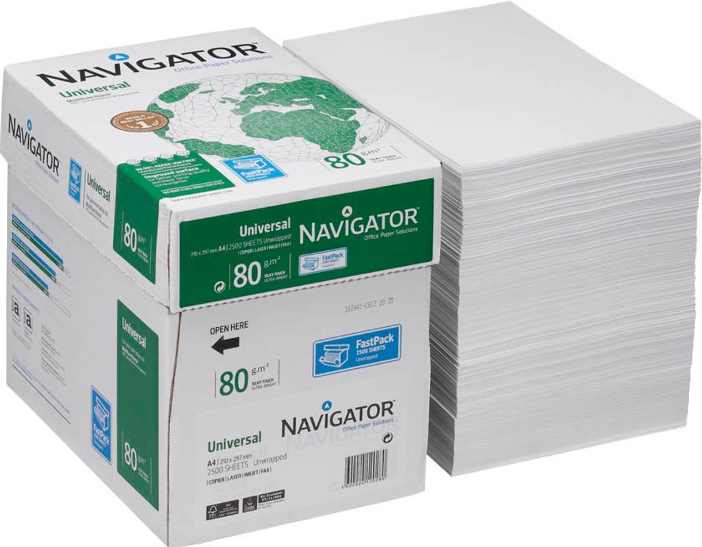 Two boxes of Navigator Universal paper are stacked, with a ream of paper to the right.