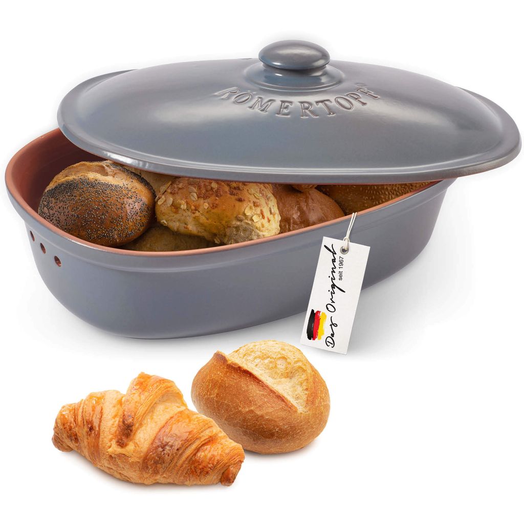 Römertopf Brottopf oval MAXI 6,5 Liter - Brotkasten Blau-Grau aus Keramik - Atmungsaktiver Tontopf für langanhaltende Frische von Brot und Brötchen