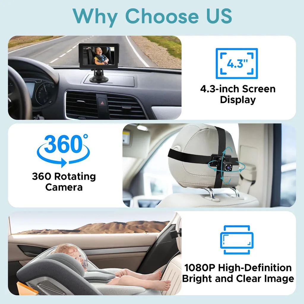 Miroir bébé voiture avec caméra HD 150° grand angle et écran couleur