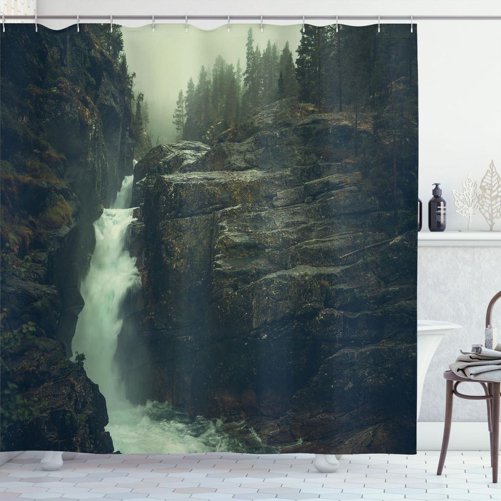 ABAKUHAUS Dunkler Wald Duschvorhang, Foggy norwegische Wasserfälle Landschaft Hetzendes Wasser in Europa, 175 x 200 cm, Charcoal Gray und Hellgrün