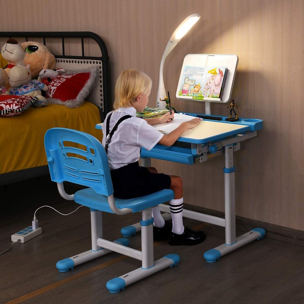 Kinder-Schreibtisch höhenverstellbar neigungsverstellbar mit Stuhl & Lampe Blau 