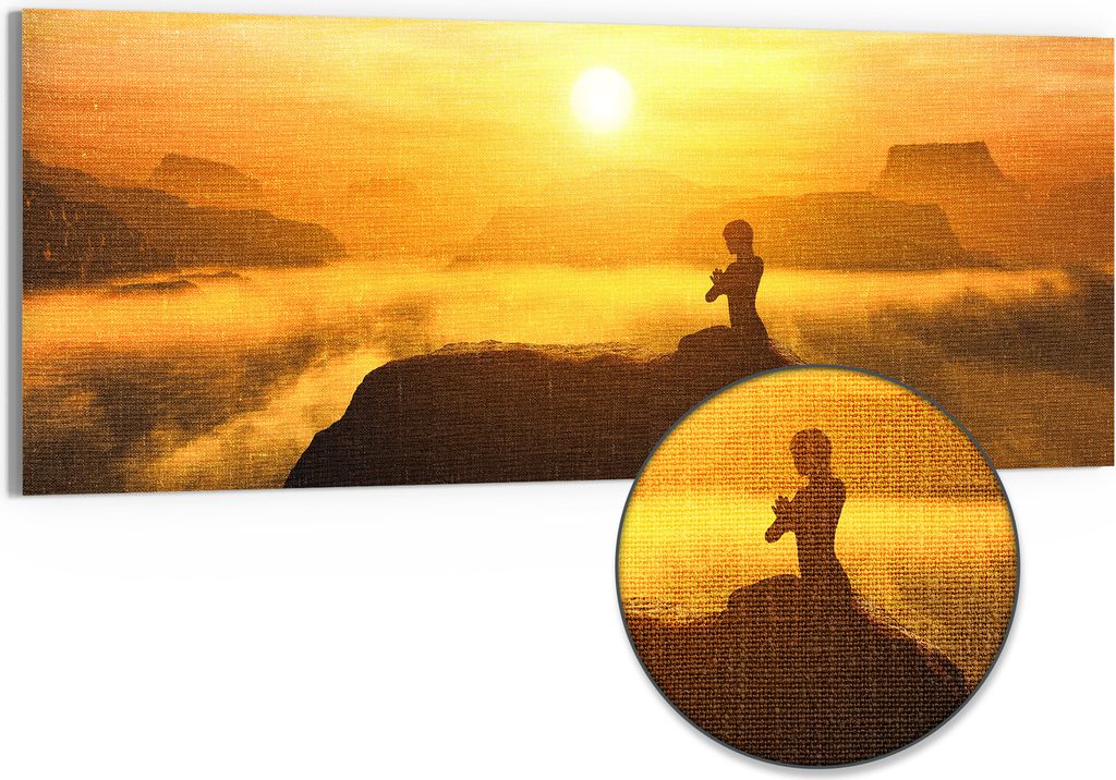 DEQORI Hybrid Leinwand Bild 150x60 cm 'Stille Golddämmerung' Wandbild Glas flach modern