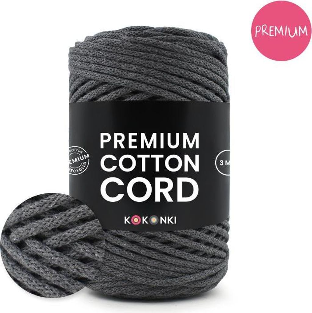 KOKONKI Premium Baumwollkordel 3 mm 100 m Graphit 389 für Makramee & Häkelprojekte