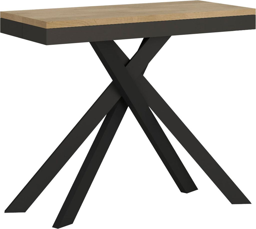 ITYHOME - Ausziehbarer Konsolentisch 90x40/196 cm Krack Small Evolution Eiche Natur mit Eisenrahmen aus Anthrazit