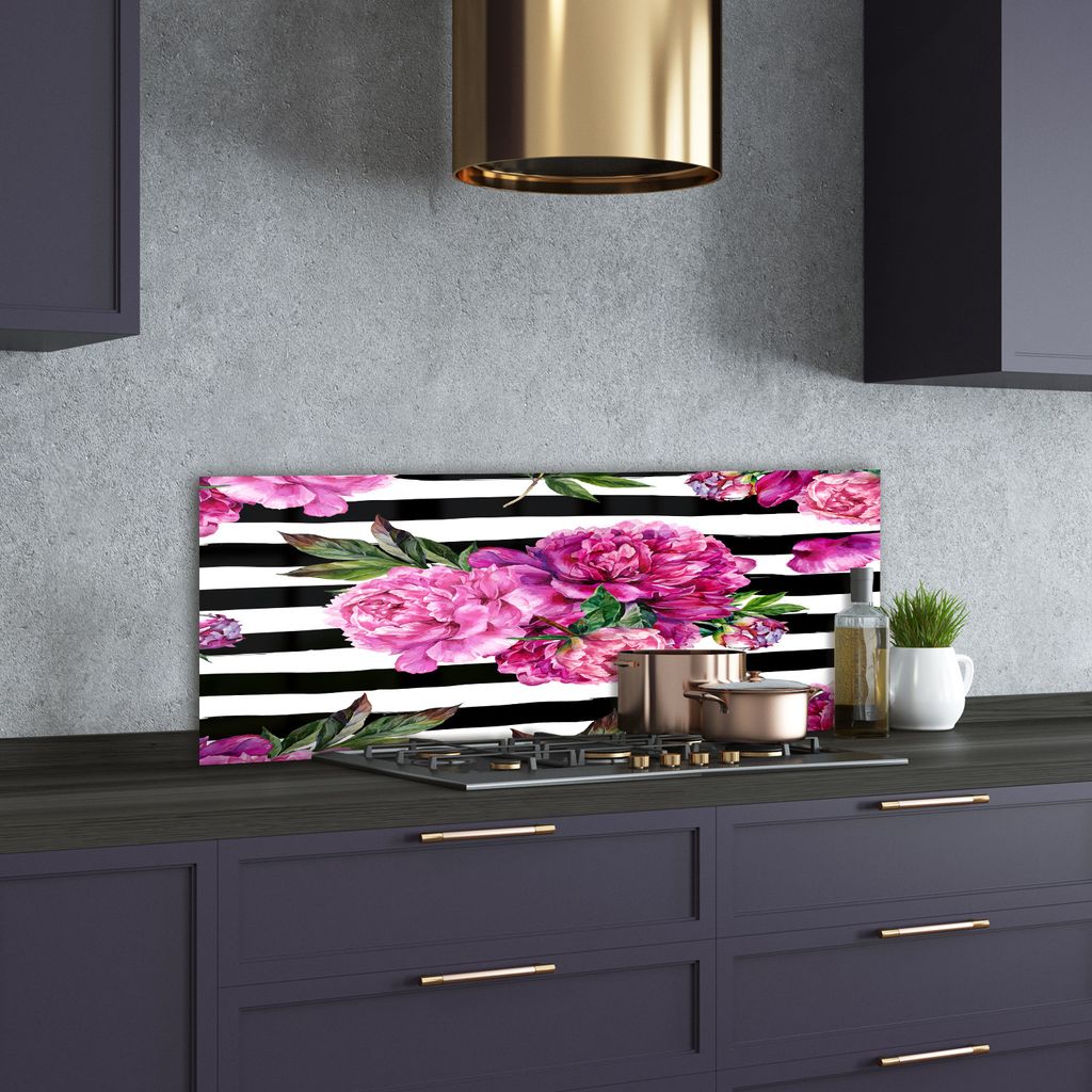 Tulup Küchenrückwand Spritzschutz aus Glas -125x50 -Spritzschutz auf gehärtetes Glas Blumen & Pflanzen Rosa Pfingstrosen
