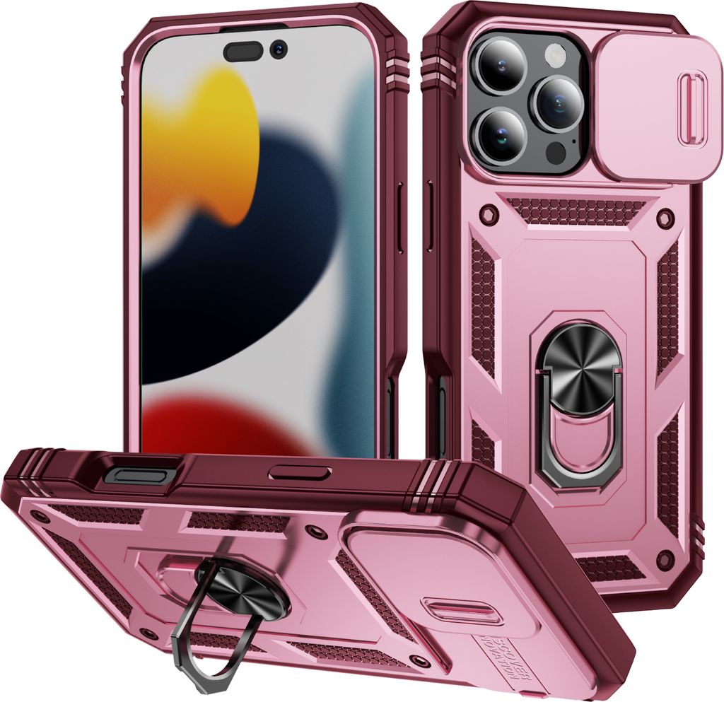 iPhone 16 Pro Max Hülle, Schiebe Kamera Schutz Stoßfest Schutzhülle mit Ringhalterung Ständer für iPhone 16 Pro Max Rosa