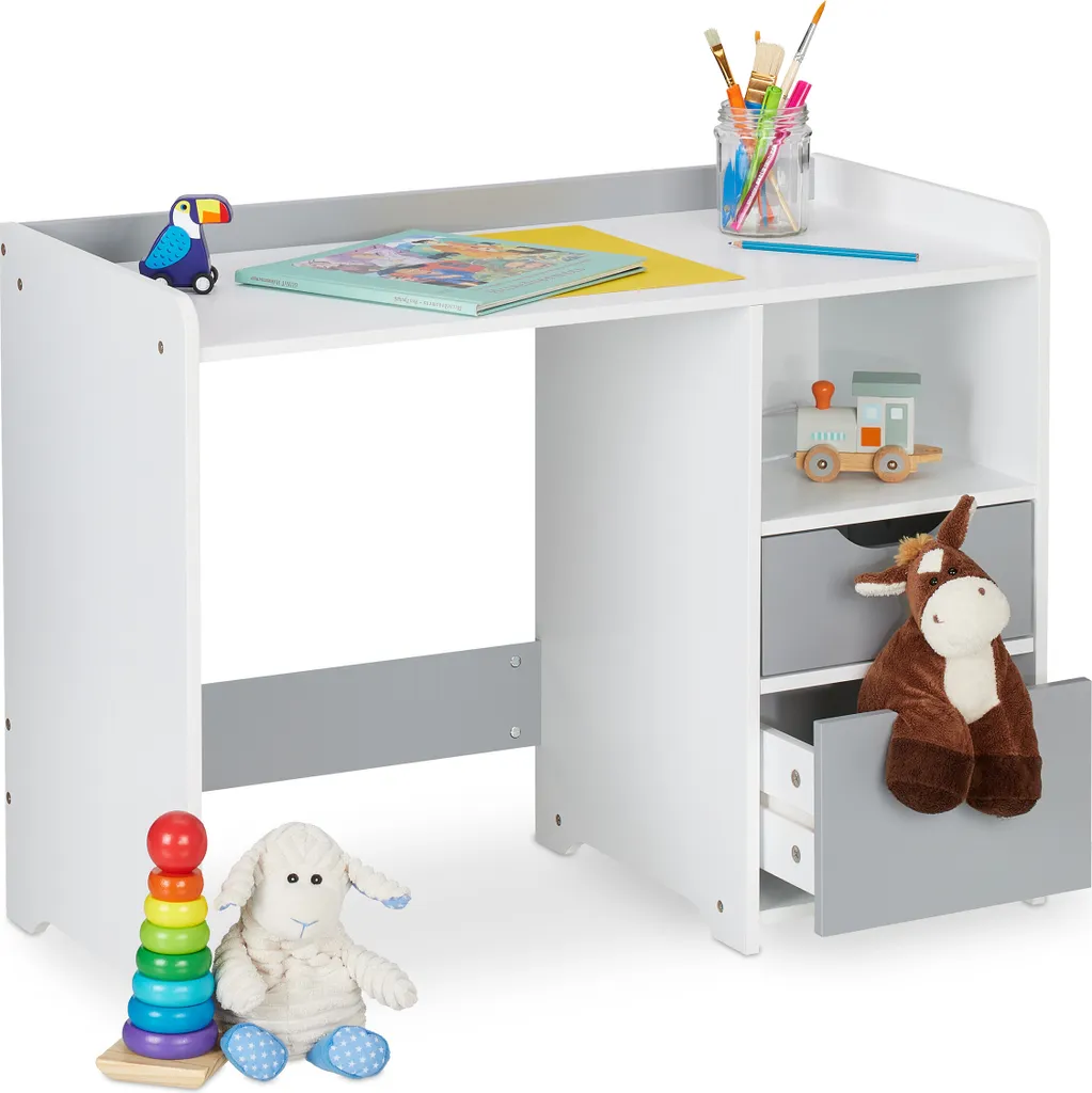 Bureau enfant Relaxdays à tiroirs coulissants et grand plateau blanc