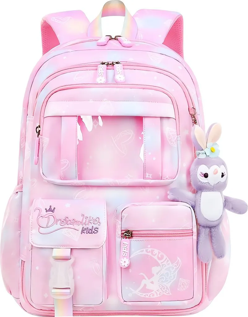 Sac à dos rose 35L multi-poches Rainbow avec mascotte douce incluse