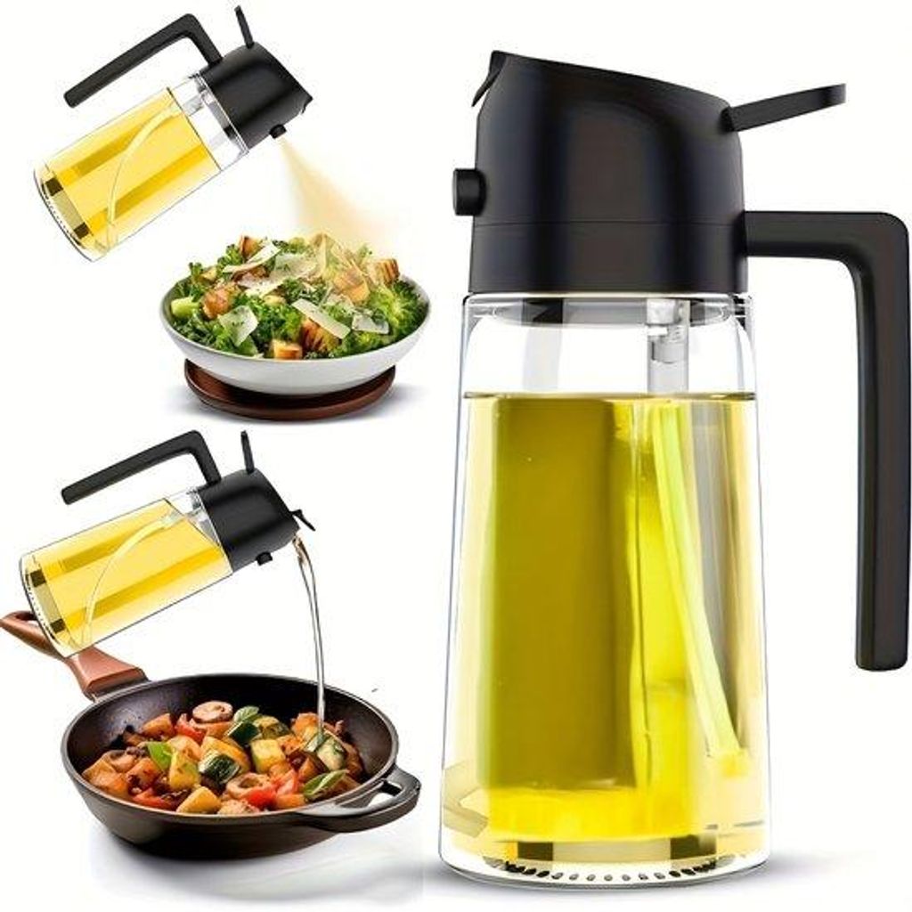 2-in-1 Glas-Öl-Dispenser & Sprayflasche 470 ml – Nachfüllbarer Olivenöl-Flasche für Küche und Kochen