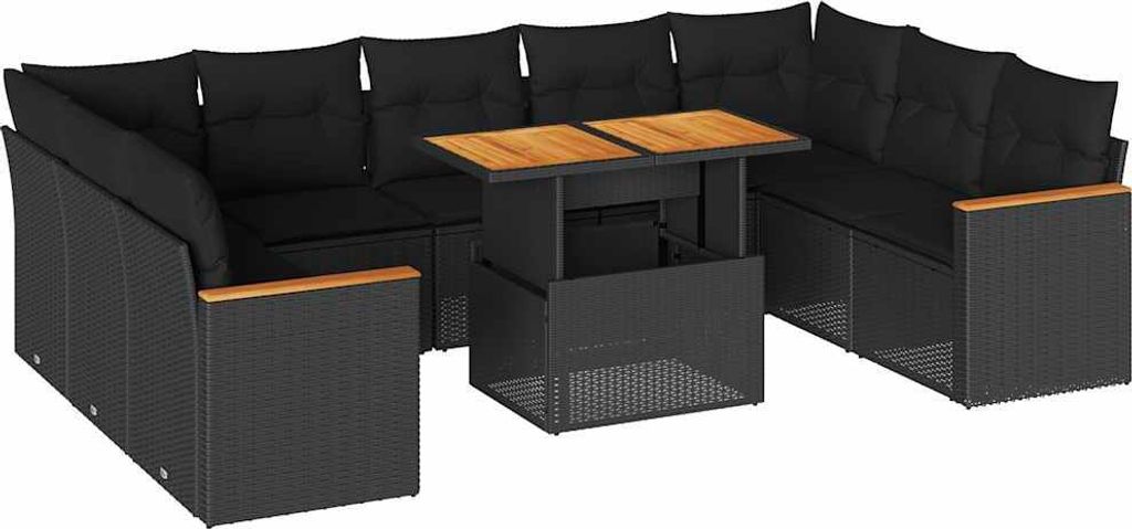vidaXL 10-tlg. Garten-Sofagarnitur mit Kissen Schwarz Poly Rattan