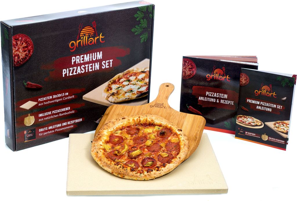 Premium Rechteckiger Pizzastein für Gasgrill, Holzkohlegrill und Backofen - im Set