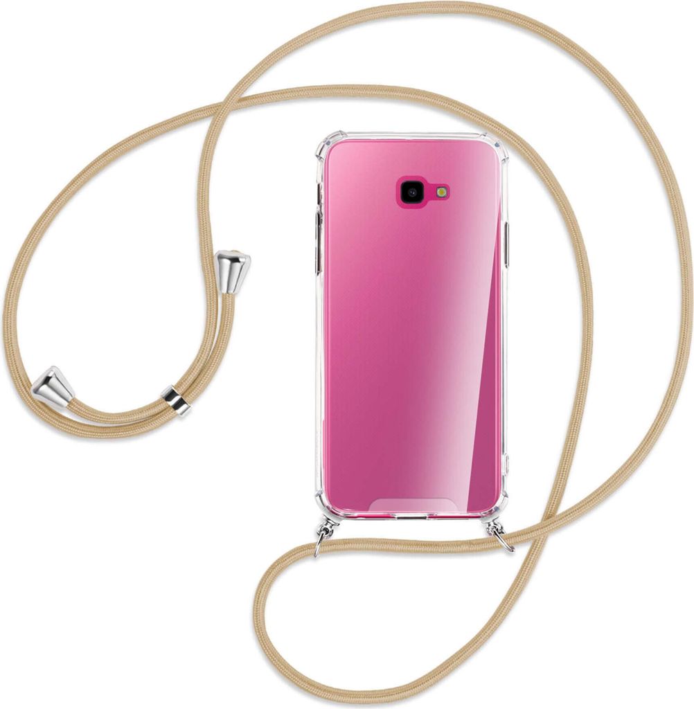 Handykette Backcover-Schutzhülle mit Band (Metall silberfarben) für Samsung Galaxy J4 Plus - caramel