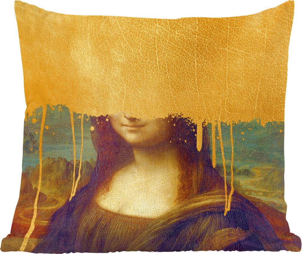MuchoWow Zierkissen Sofakissen Wohnzimmer Dekokissen 60x60 cm Mona Lisa - Gold - Da Vinci - Sitzfläche - Foto Polster
