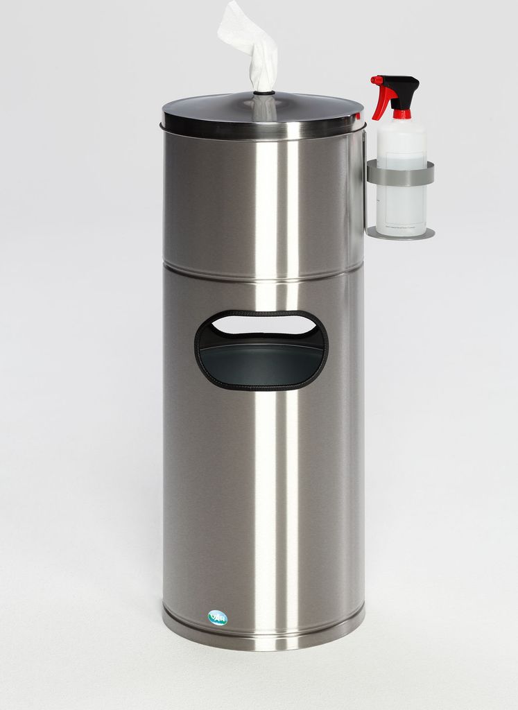 Desinfektionsstation für Papiertücher mit Flaschenhalter & Inneneinsatz | 32 Liter, HxBxT 90x46x35cm | Edelstahl | Silber