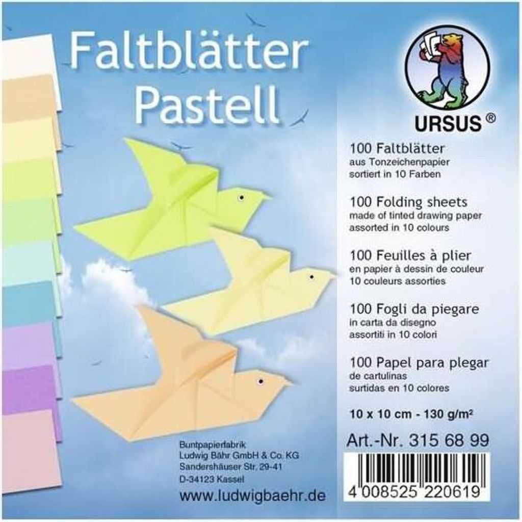 Tonpapier-Faltblätter 130g/qm Pastellfarben 10x10cm VE=100 Produktbild 