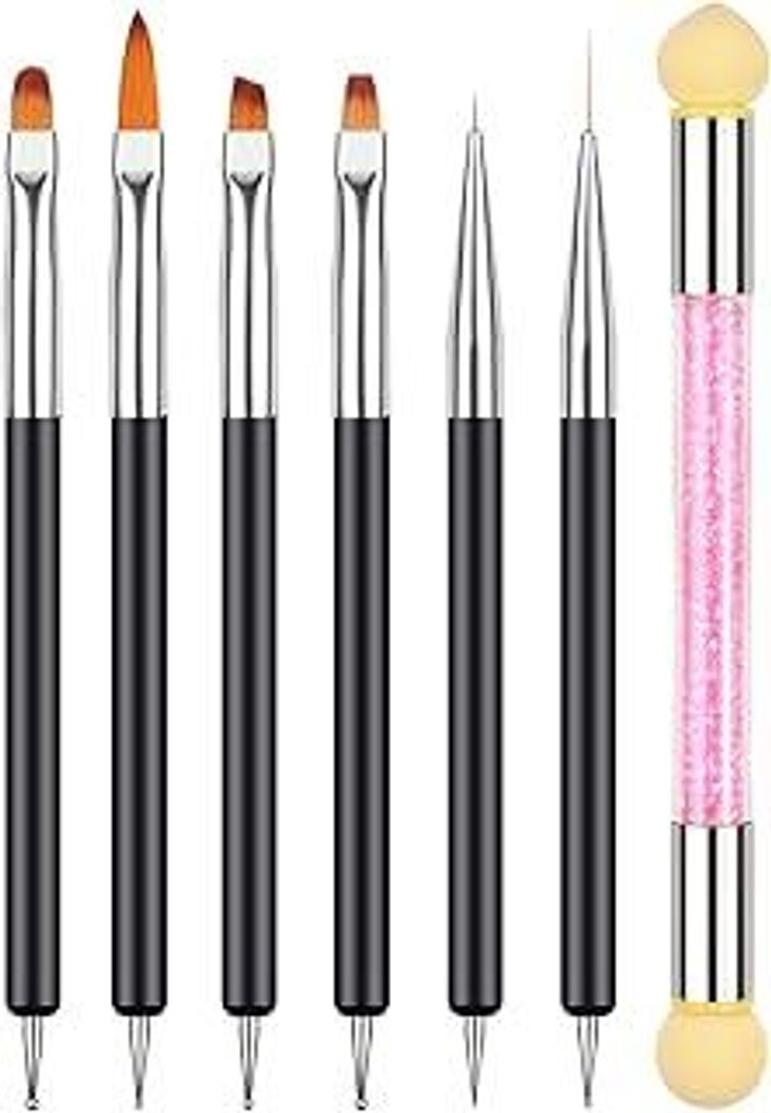 BUTBU 7 Stück Doppel-Ende Nagel Pinsel, Nageldesign Pinsel, mit 1 Sponge Stick, Nail Art Rendering-Werkzeug, Professionelle Maniküre Werkzeuge Ki...