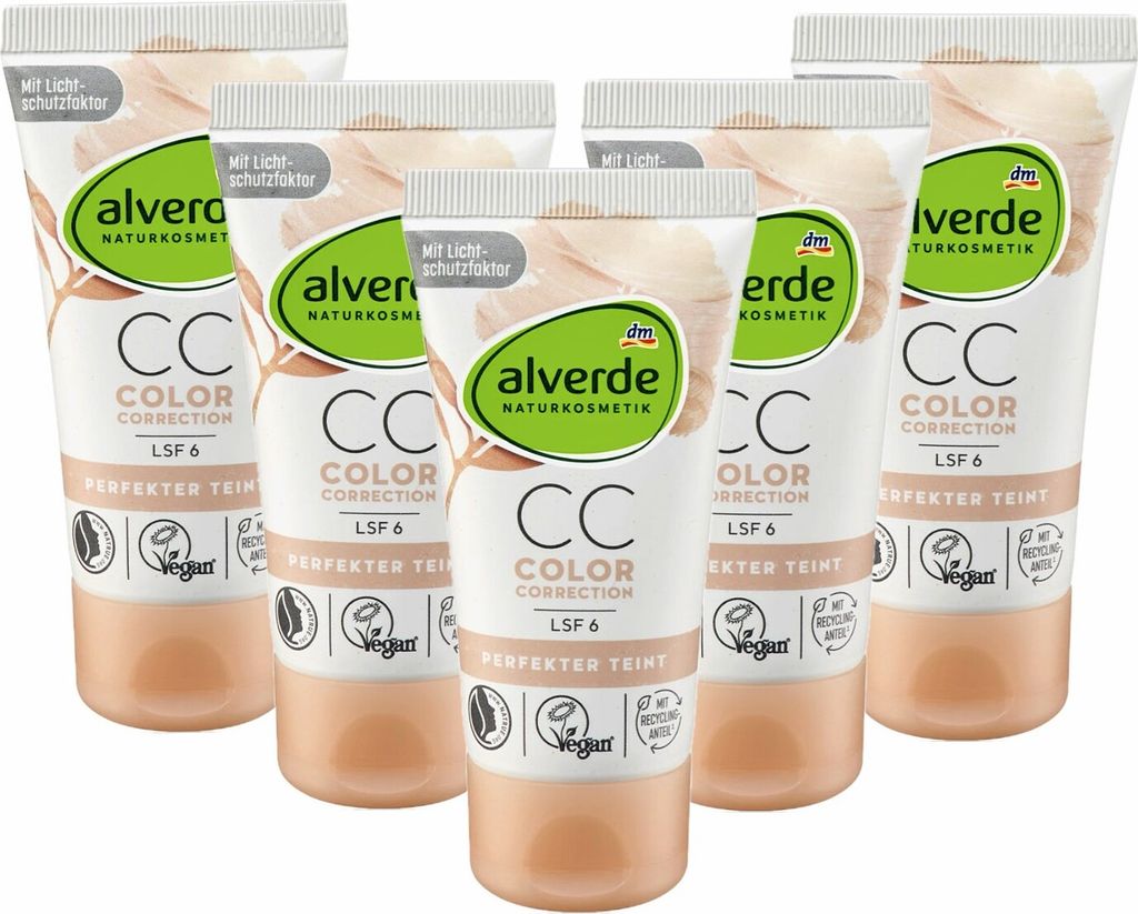 5 x alverde Naturkosmetik - Tagescreme / Gesichtscreme cc Color Correction Perfekter Teint LSF 6 (5 x 50 ml)