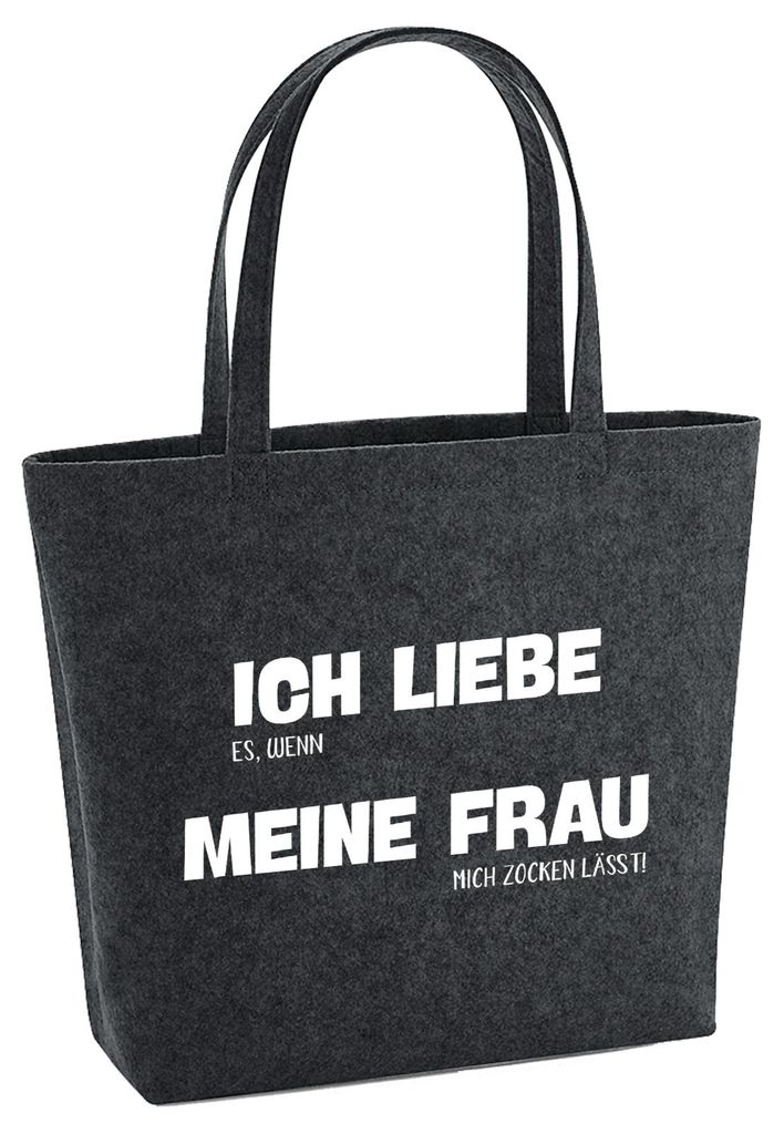 Huuraa Filzshopper Liebe es wenn meine Frau mich zocken lässt 22 Liter Charcoal Melange Filztasche Geschenkidee
