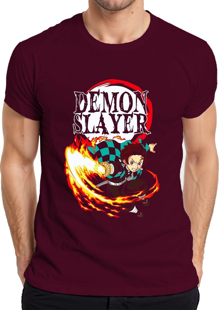 Demon Slayer Tanjiro Feuer Atem Kampf Anime Geschenk Shonen Herren T-Shirt, Burgundy, M