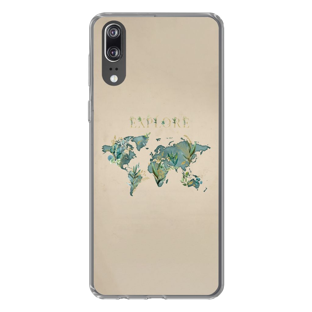 MuchoWow Handyhülle Schutzhülle Hülle für Huawei P20 Weltkarte - Pflanzen - Wasser Silikon Softcase Handy Hülle - Hardcover