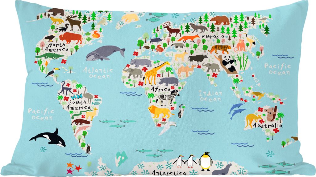 MuchoWow Zierkissen Sofakissen Wohnzimmer Dekokissen 50x30 cm Weltkarte - Kinder - Tiere - Blau - Orca - Wal - Wohnzimmerdekoration - Polster mit...