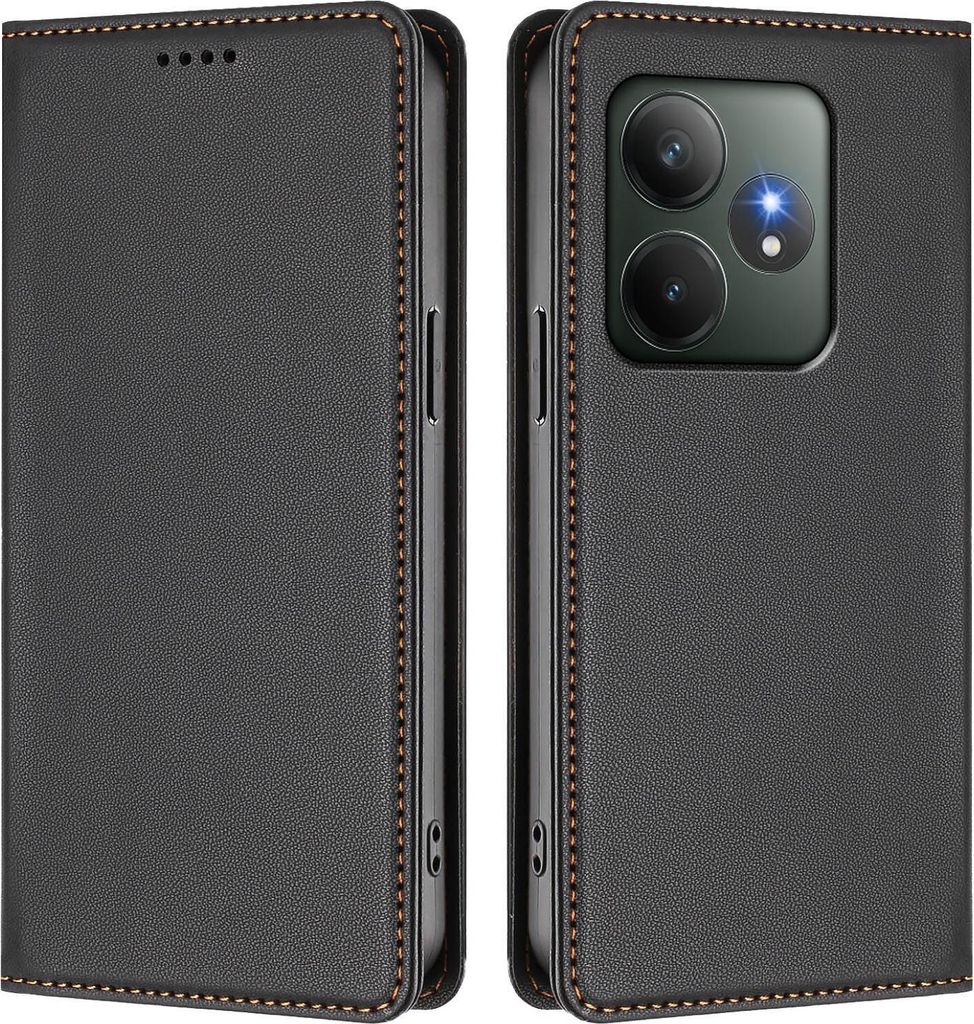 Handyhülle für Realme GT 6/Realme GT 6T, Kunstleder Klapphülle Stoßfeste Magnetische Hülle mit Ständer Schwarz