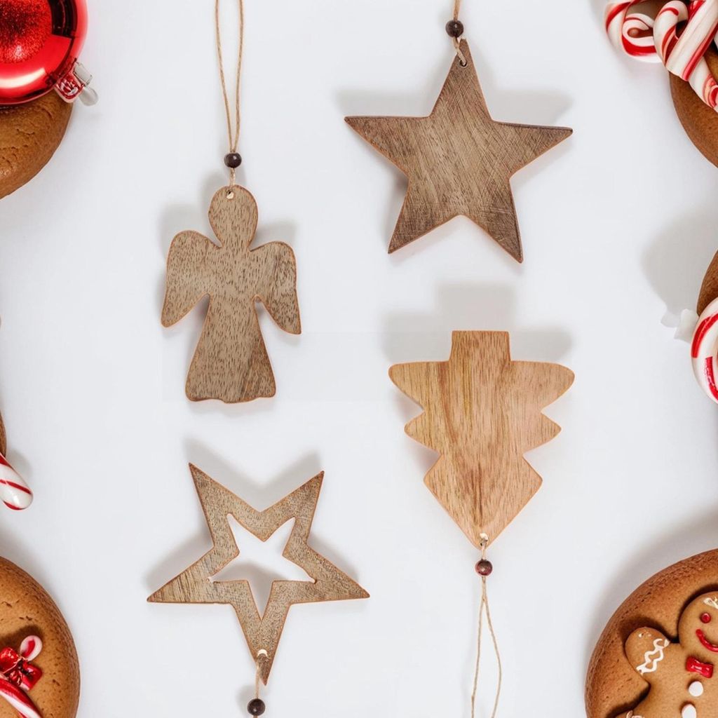 MARRAKESCH 4er Set Weihnachtsdeko Christbaumschmuck 10cm Anhänger aus echt Holz als Weihnachtsbaum Dekoration