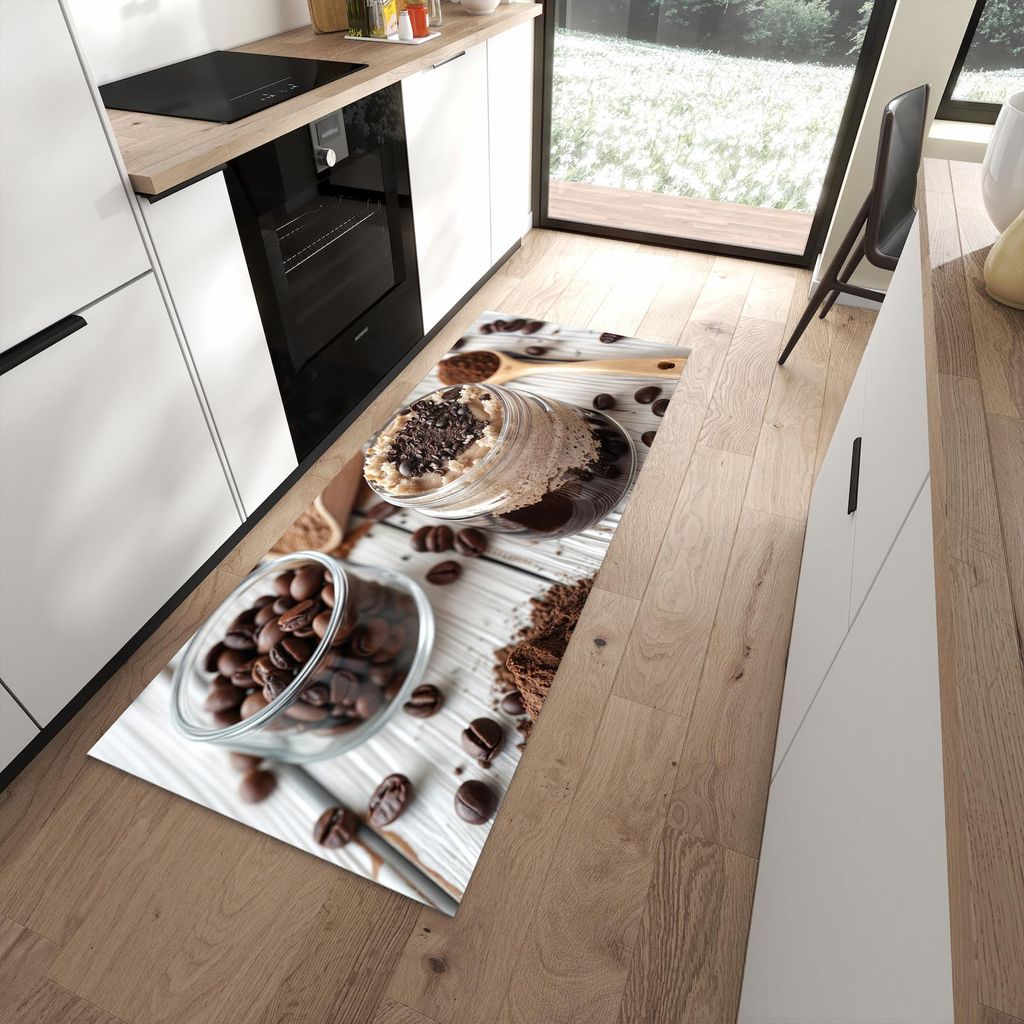 Küchenteppich 80x200cm rutschfest & abwischbar PVC Läufer - Kaffeedessert Glas