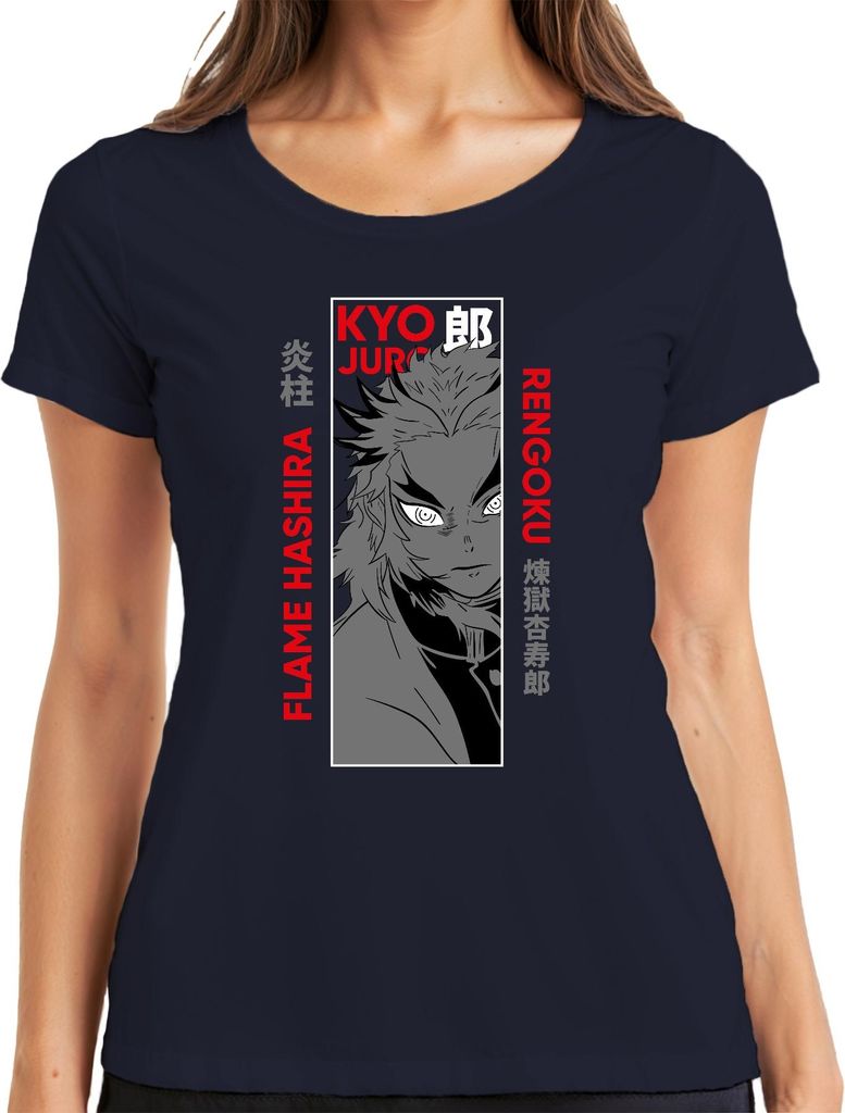 Kyojuro Rengoku Flame Hashira Kimetsu no Yaiba Anime Geschenk Damen T-Shirt, Navy, S