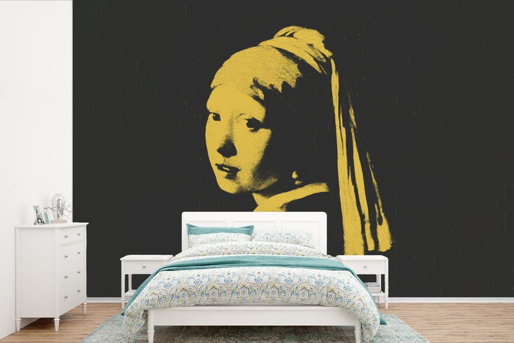MuchoWow Fototapete für Wohnzimmer oder Schlafzimmer Wandtapete Vinyl Motivtapete Mädchen mit Perlenohrring - Vermeer - Schwarz - Gelb - 360x24...