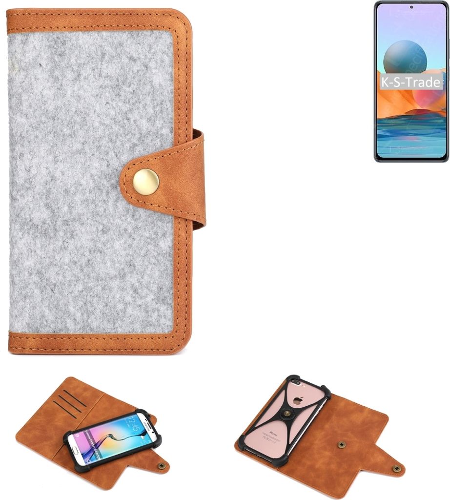 K-S-Trade Handyhülle kompatibel mit Xiaomi Redmi Note 10 Pro Global Schutzhülle Filz-Hülle Kunst-Leder hellgrau braun (1x)