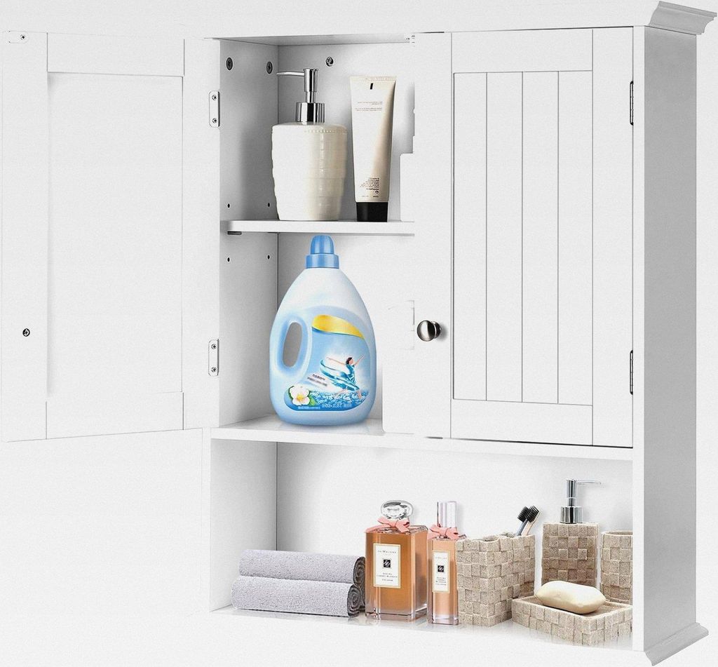 Badezimmerschrank hängend Holz, Hängeschrank Bad mit offener Ablage, Badschrank Wandschrank mit Türen & verstellbarem Regal, Badhängeschrank f...