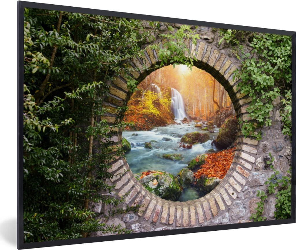 MuchoWow Gerahmtes Poster Herbst - Wasserfall - Natur - Aussicht 30x20 cm - Poster mit Schwarzem Bilderrahmen Wandposter Rahmen Foto Bilder - Kun...