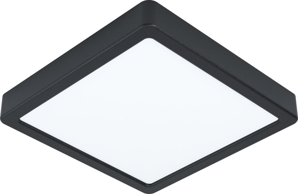 A square black ceiling light with a white illuminated panel.
