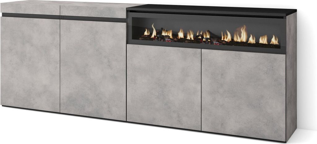 Sideboard, Highboard, 200x35x75cm, 4 Türen, Elektrokamin. farbe Zementgrau