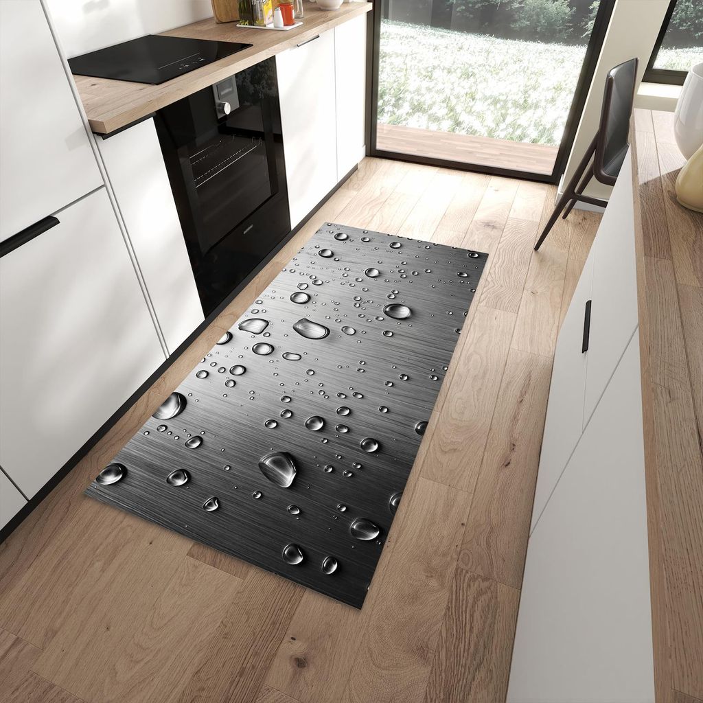 Küchenteppich 90x180cm rutschfest & abwischbar PVC Läufer - Wassertropfen auf Metall