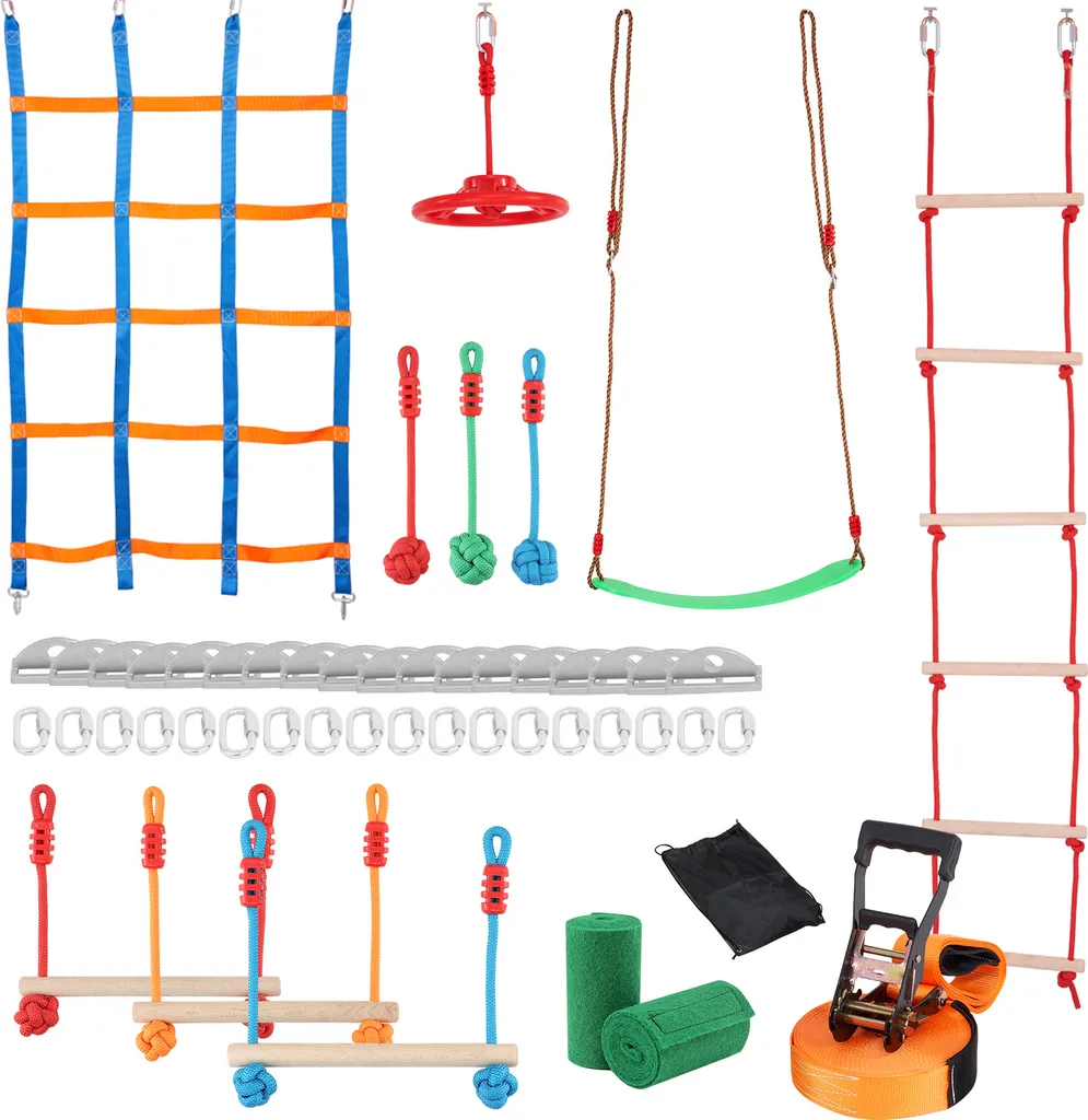 Slackline Ninja Warrior 15M Haute Résistance - Kit de 10 Obstacles 500LBS