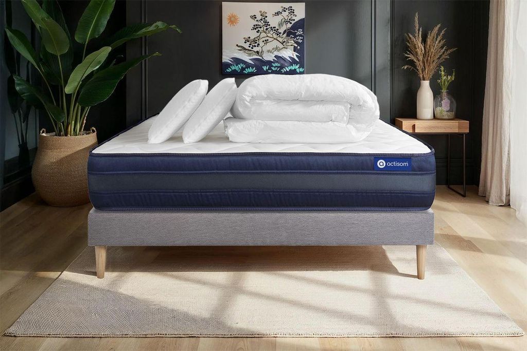 Komplettpaket Bett - Matratze 180x200 cm + Boxspringbett mit Lattenrost (im Set) + 2 Kopfkissen + Bettdecke - Actilatex Tech