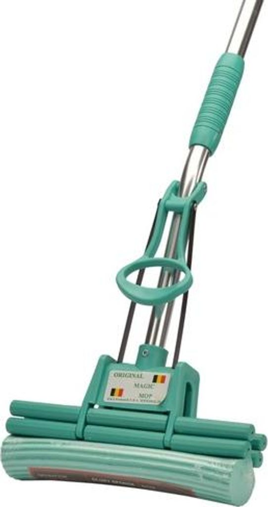 A green sponge mop with a silver handle against a white background.