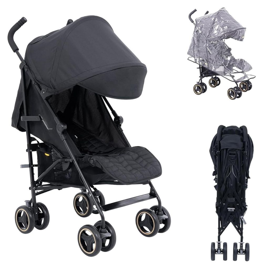 Kinderwagen Buggy klappbar bis 22 kg mit Regenschutz, 5-Punkt-Gurt, verstellbare Lehne, Schwarz